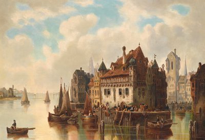 Fantasie uitzicht op een stad aan de rivier door Ludwig Hermann